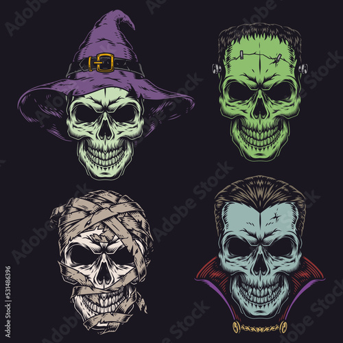 Set Halloween skulls colorful stickers