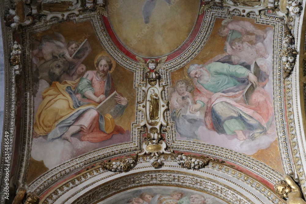 Santa Maria del Popolo Church Ceiling Sculpted and Painted Detail in Rome, Italy
