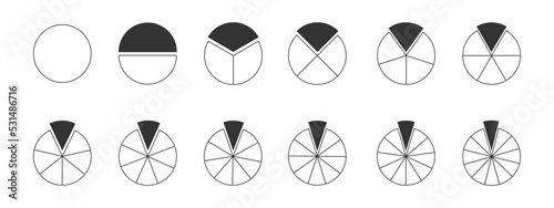 Set of circles segmented into sections from 1 to 12 with one separated painted fragment. Donut charts, pie or pizza shapes cut in equal slices isolated on white background. Vector outline illustration