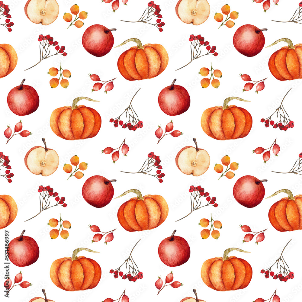 Seamless pattern with pumpkins, rose hips, rowan and apples. Seamless pattern with pumpkins, rose hips, rowan and apples.