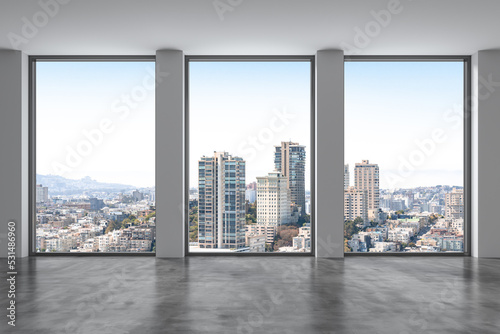 Empty room Interior Skyscrapers View Cityscape. Downtown San Francisco City Skyline Buildings from High Rise Window. Beautiful California Real Estate. Day time. 3d rendering.
