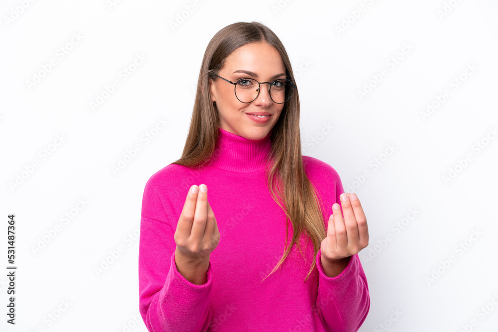 Young caucasian woman isolated on white background making money gesture Young caucasian woman isolated on white background making money gesture