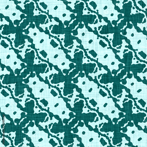 Coastal living aegean teal green broken dyed washed mottled speckle seamless pattern. Rustic marine beach house style home decor textile background. Faded blur irregular shape linen cloth fabric.