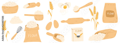 Baking ingredients in cartoon flat style. Bag with flour, eggs, kitchen whisk, rolling pin, wheat ear spikelet. Vector illustration set for pastry cooking