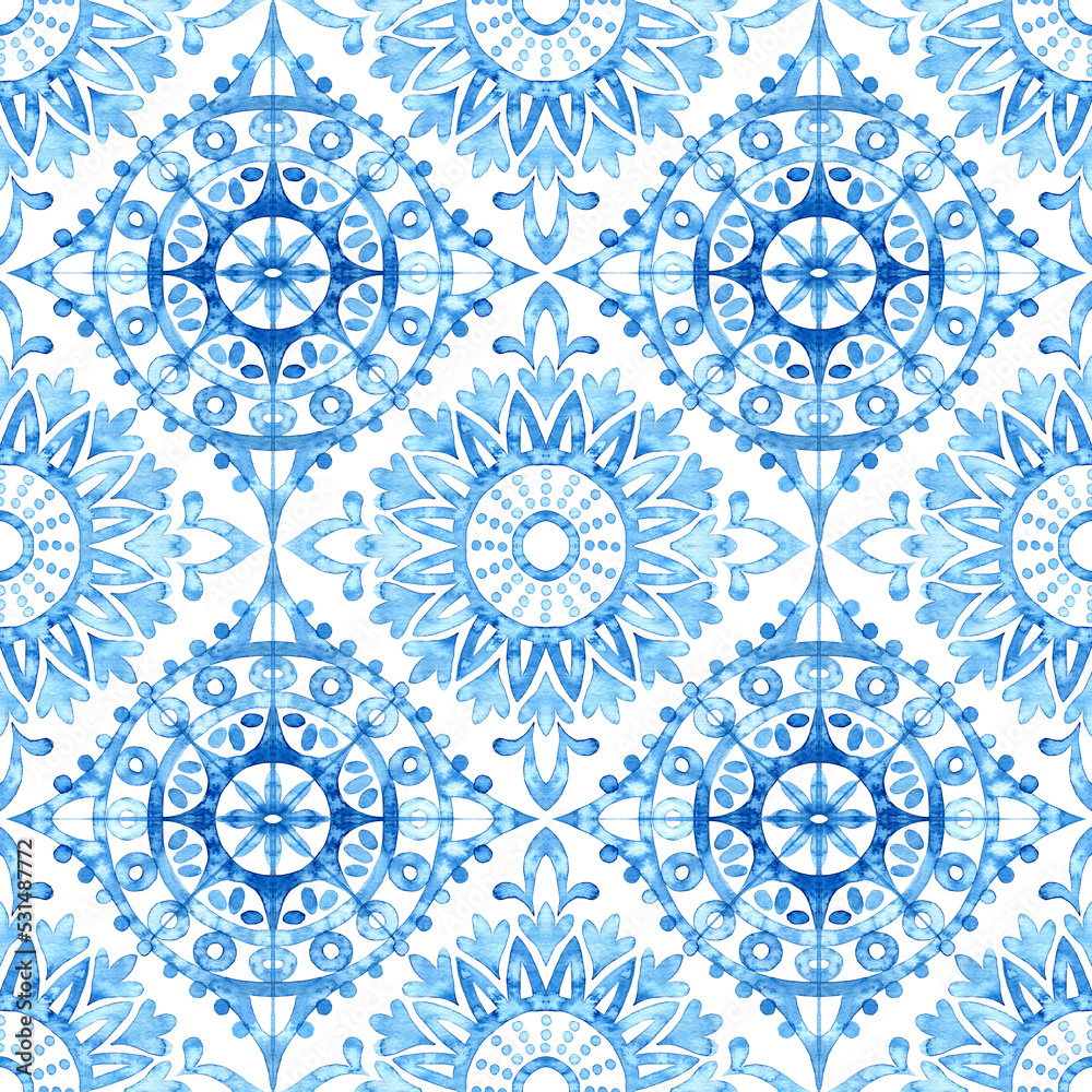 Seamless watercolor pattern. Blue and white print. Grunge paper texture. Tile ornament.