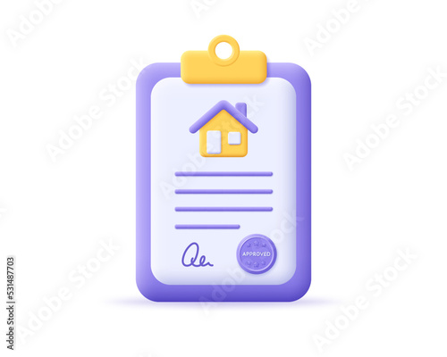 3d house real estate contract icon. Render signed document for mortgage or house buying online concept. Buying, selling or renting real estate. 3d contract vector cartoon minimal illustration