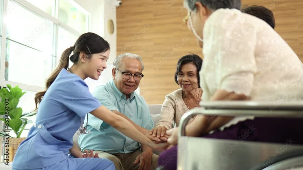 Shot of nurse and groups of elderly are having encouragement together to cheer up with happiness. Shot of nurse and groups of elderly are having encouragement together to cheer up with happiness.