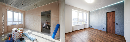 Принти на полотні Comparison of old room with building tools and new renovated room