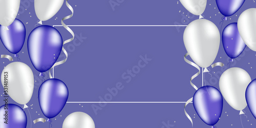 Purple and white balloons with glitter and flying confetti on a very peri background with frame for text. Festive vector illustration.