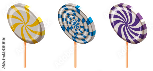 Set of Lollipop Swirl Candy Spiral Isometric. Sweet spiral striped caramel, on stick, vector cartoon style