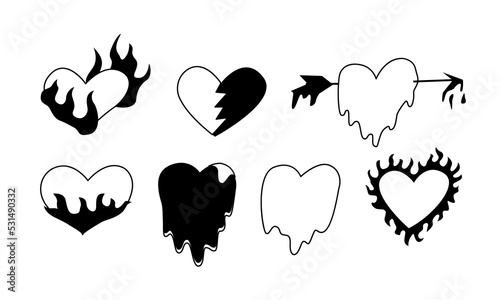 Set of flaming hearts in y2k, 00s, 90s style. Tattoo vector illustration on isolated backgound. Black and white. 