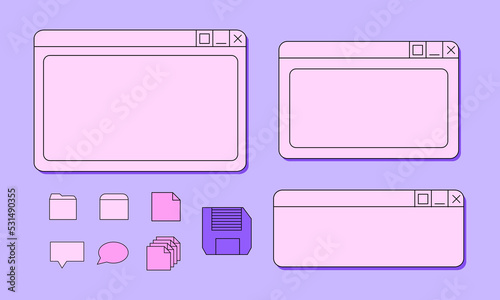 Set of retro digital screen user interface in y2k style. Old computer window, folder and cassette icons. Vector illustration in retrowave aesthetic