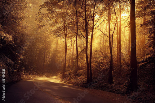 The road in the forest. Sunny morning. Tranquil nature scene background.3d render.