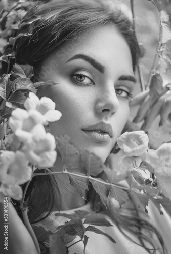 Beautiful young woman posing in Trumpet vine flowers in summer garden. Beauty fresh model girl with Campsis. Enjoying nature outdoor. Black and white close up portrait