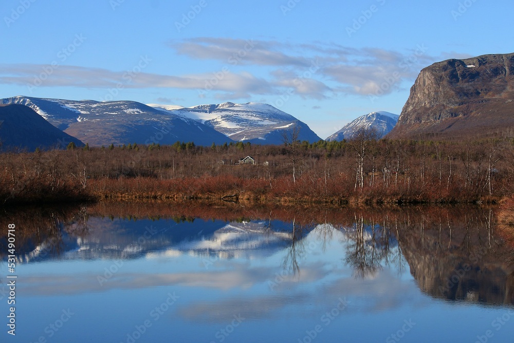 Lake reflections in autumn in northern scandinavia north of the arctic circle