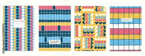 Set of cover page vector templates based on seamless patterns with bright geometric shapes. Art Deco. Perfect for exercise books, notebooks, diaries, presentations