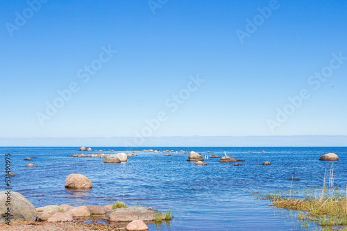 Ladoga lake on sunny day with blue water and sky