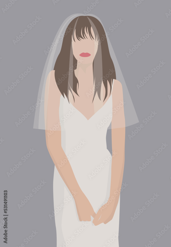 Vector flat image of a girl in a white dress with a veil. Young bride on a gray background. Dark-haired girl. Design for avatars, posters, backgrounds, templates, textiles, banners. Vector flat image of a girl in a white dress with a veil. Young bride on a gray background. Dark-haired girl. Design for avatars, posters, backgrounds, templates, textiles, banners.