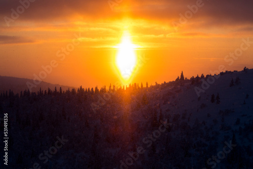 Winter sunset in Pallas Yllastunturi National Park, Lapland, Finland