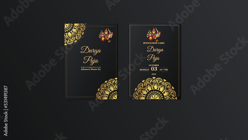 Luxury vintage golden vector invitation card template. Happy Durga Puja set of greeting cards, posters, entertainment covers. Durga Puja design with beautiful mandala, modern style, dark background