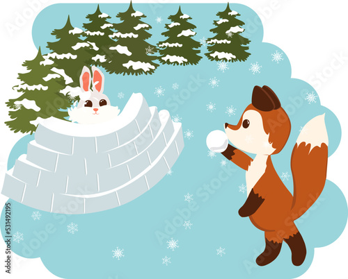  Fox and bunny play snowballs. Bunny hides in a snow fort