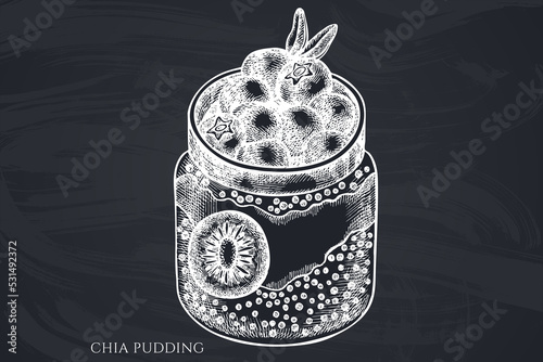 Breakfast hand drawn vector illustrations collection. Chalk chia pudding.