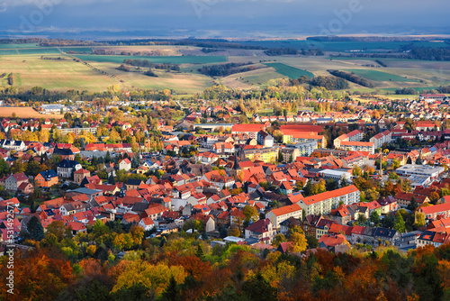 Houses and river in the city of Bleicherode, Germany. View from the top of german little city in autumn day.
