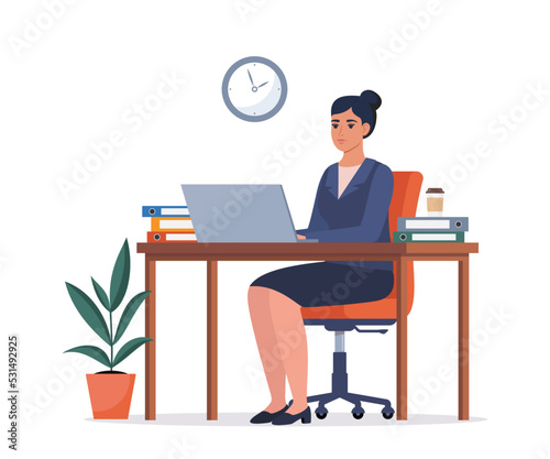 Office worker woman in a suit working on a laptop computer at her office desk. Flat style vector illustration.
