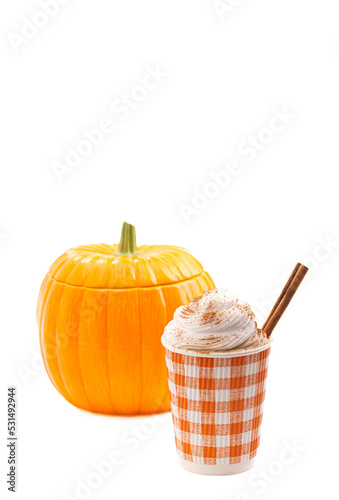 Pumpkin Spice Latte Topped with Whipped Cream in a Disposable Cup Isolated on a White Background