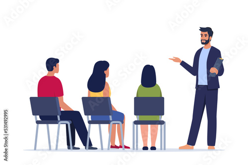 Man trains newcomers to company. HR manager explains tasks, sets goals for interns. Staff management concept. Personnel training. Onboarding, orientation training on first day. Vector illustration.