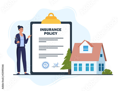 Woman insurance agent, Insurance policy on clipboard and beautiful private house. Real estate Insurance concept. House insurance business services. Vector illustration.