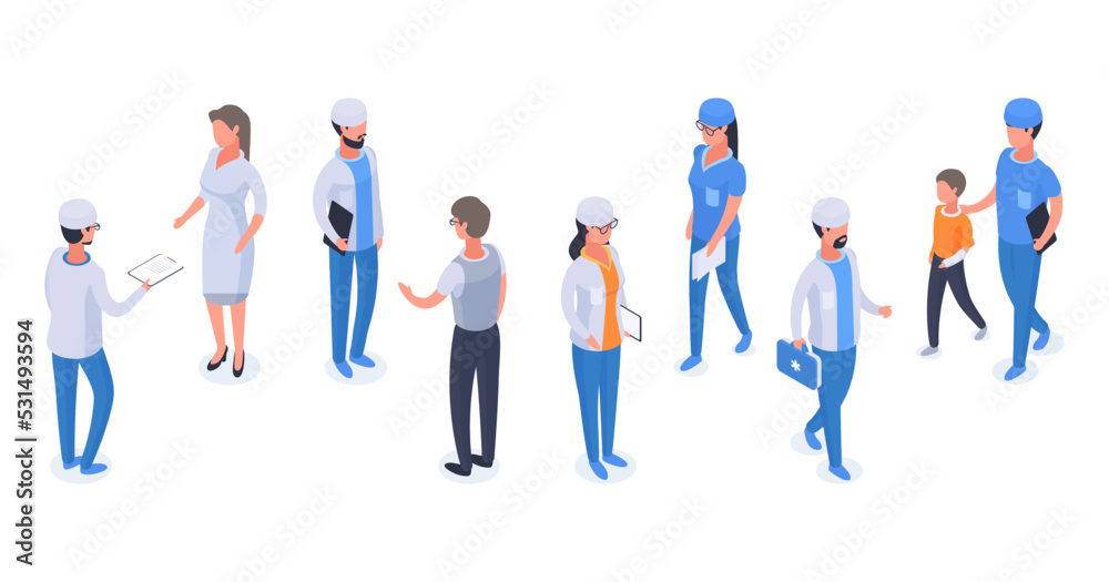 Isometric doctors, health care, medical workers and patients. Hospital staff and patient treated by doctor characters flat vector illustration set. Health care medical people collection