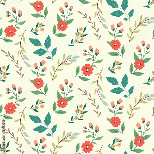 Seamless floral pattern, cute botanical print in modern folk style. Abstract arrangement of hand drawn wild plants: flowers, branches and leaves on a white background. Vector illustration.
