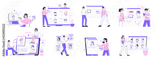 Non-fungible token, NTF crypto arts, people sale and buy crypto art. Digital NTF arts market, artists creating non fungible token via blockchain flat vector Illustration set. Crypto art scenes