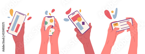 Flat hands hold smartphone, use touch screen device. Mobile payment, video chat or online shopping vector illustration set. Human hands holding mobile phones