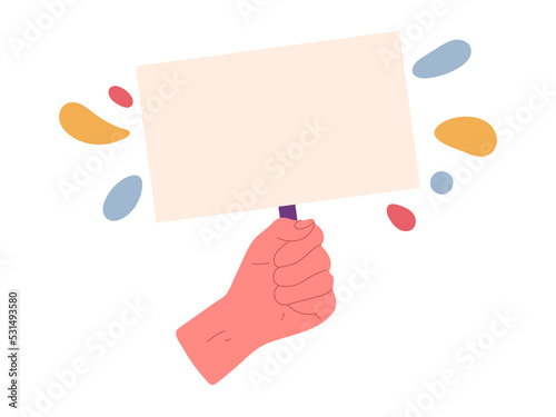 Hand holding empty placard, vote, advertising or protest banner. Cartoon human hand with blank poster on wood stick vector background illustration. People holding in hands various items