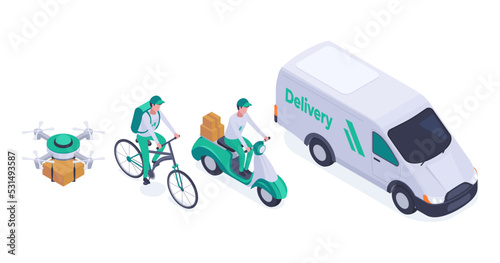 Isometric delivery service, courier characters and delivery robot. Logistic, shipping workers on bicycle, scooter bike and truck 3d symbols illustration set. Delivery logistic service collection