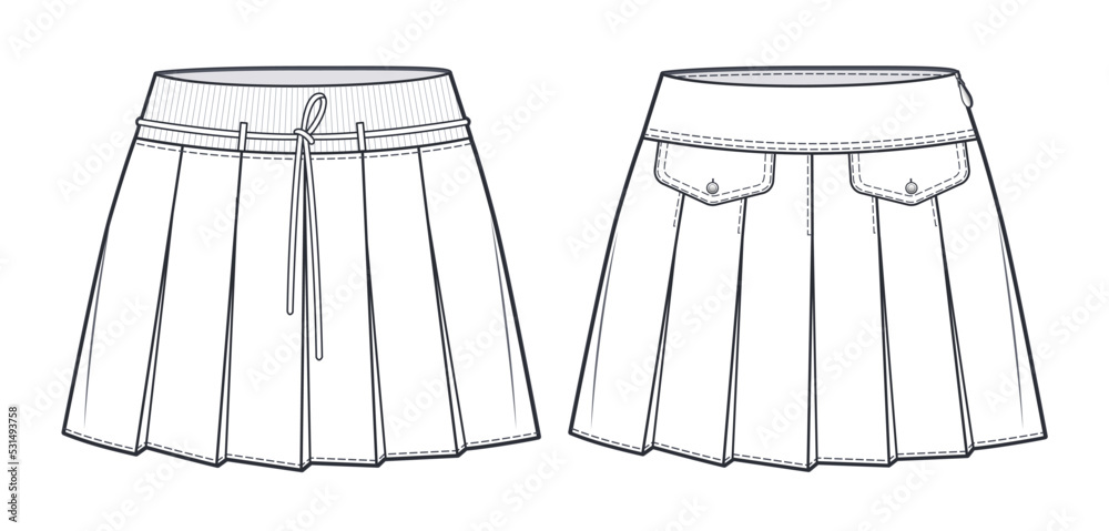 Set of Pleated Skirts technical fashion illustration.Mini Skirts ...