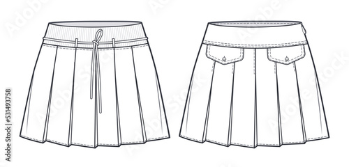 Set of Pleated Skirts technical fashion illustration.Mini Skirts fashion flat drawing template, pleated, pockets, elastic waistband, side zip up, front view, white, CAD mockup set.