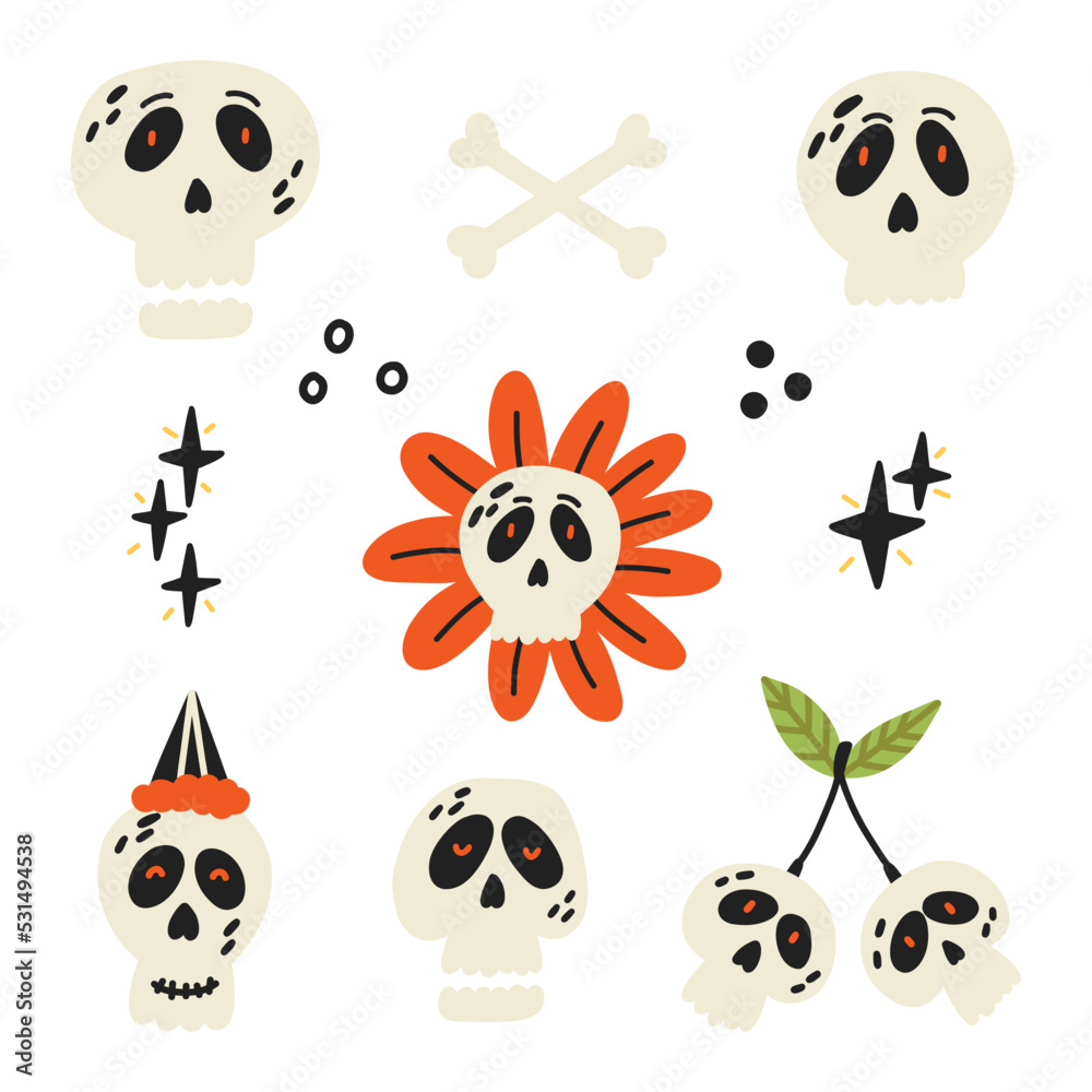 Cute Halloween Bone Skull Set. Halloween kids graphic. Cartoon flat vector Cute Halloween Bone Skull Set. Halloween kids graphic. Cartoon flat vector