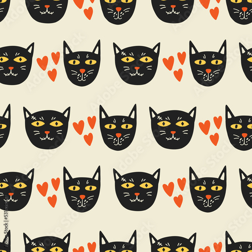 Faces black cats with hearts pattern. Halloween kids wallpaper  digital paper. Cartoon flat vector repeat background