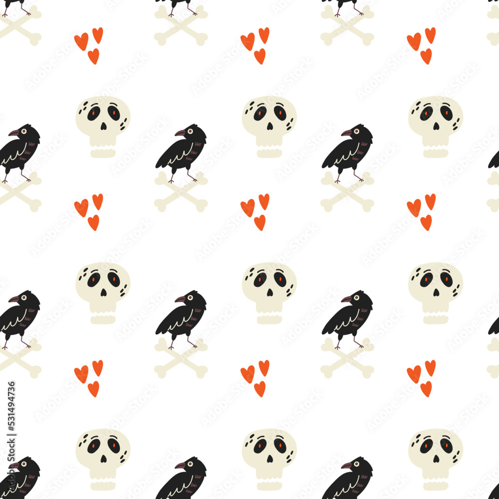 Obraz premium Raven skull Halloween pattern. Halloween kids wallpaper, digital paper. Cartoon flat vector repeat background