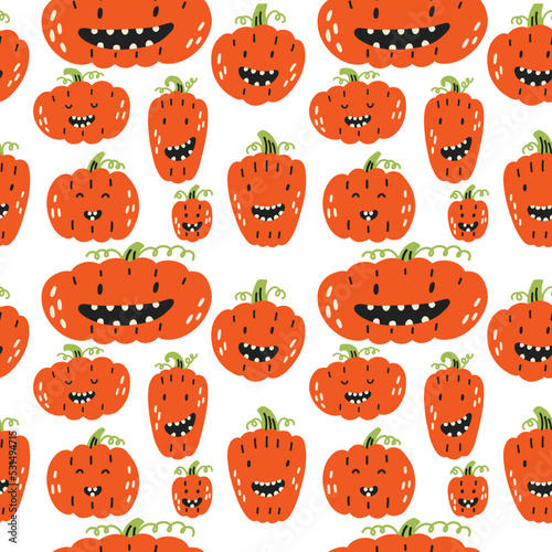 Orange pumpkin characters Halloween pattern. Halloween kids wallpaper, digital paper. Cartoon flat vector repeat background