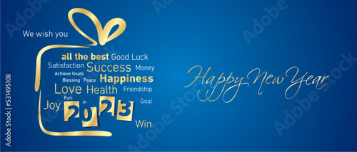 Happy New Year 2023 golden negative space numbers abstract christmas gift box word cloud white blue background vector greeting card
