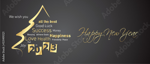 Happy New Year 2023 golden negative space numbers abstract christmas tree word cloud white black background vector greeting card