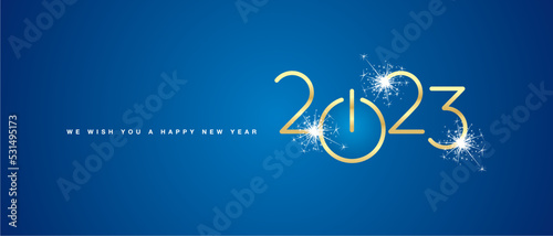 We wish you a Happy New Year 2023 golden shining rounded typography blue background banner with turn on start button