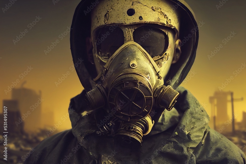 Portrait of a stalker survivor in hazmat and wearing an old gas mask ...