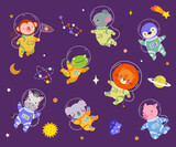Cartoon space animals astronaut suits flying with stars and planet. Cute lion, monkey and koala. Funny cartoon nowaday children animal vector set