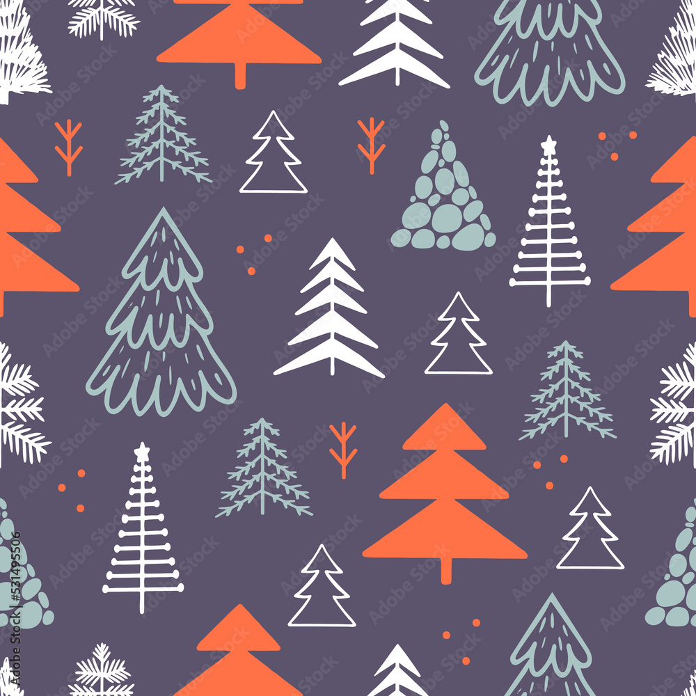 Christmas tree seamless pattern. Xmas noel season background, holiday decoration cloth print. Doodle grunge fir trees, neoteric vector printable texture