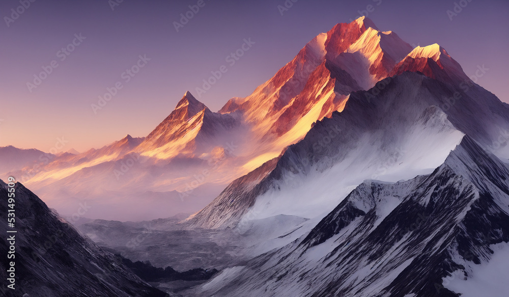 Sunset view of the Himalayas near the Himalayan mount mt Everest - Beautiful and dramatic sky with the peaks of the mountain rage rising above the rolling fog. - obrazy, fototapety, plakaty 